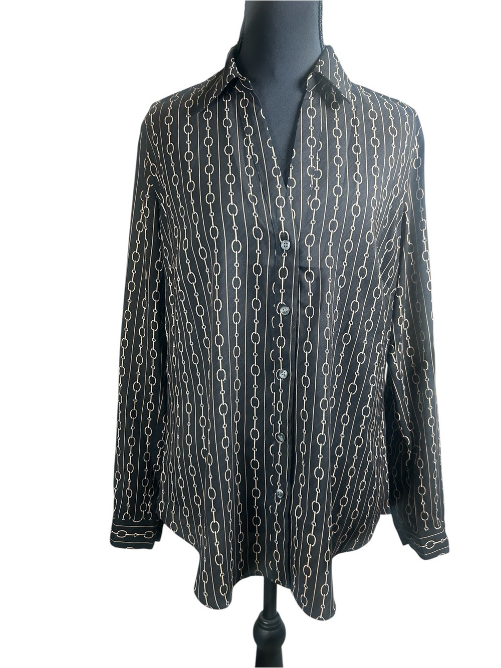 Ann Taylor Black Gold Chain Link Print Button Down Blouse Size S